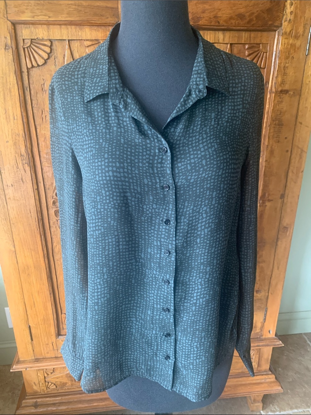 Eileen Fisher Silk, Sheer,Gray Dot-Print Button-Down Shirt XS